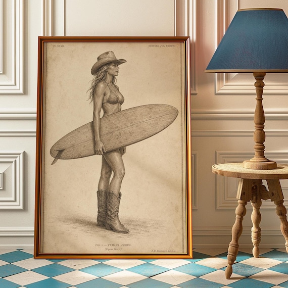 Beach Cowgirl Poster, Vintage Coastal Art Print