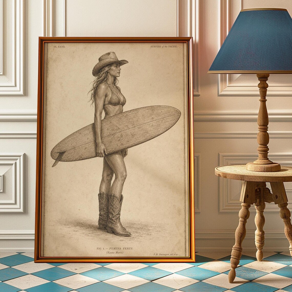 Beach Cowgirl Poster, Vintage Coastal Art Print