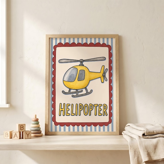 Helipopter Funny Misspelled Helicopter Scalloped Nursery Kids Print