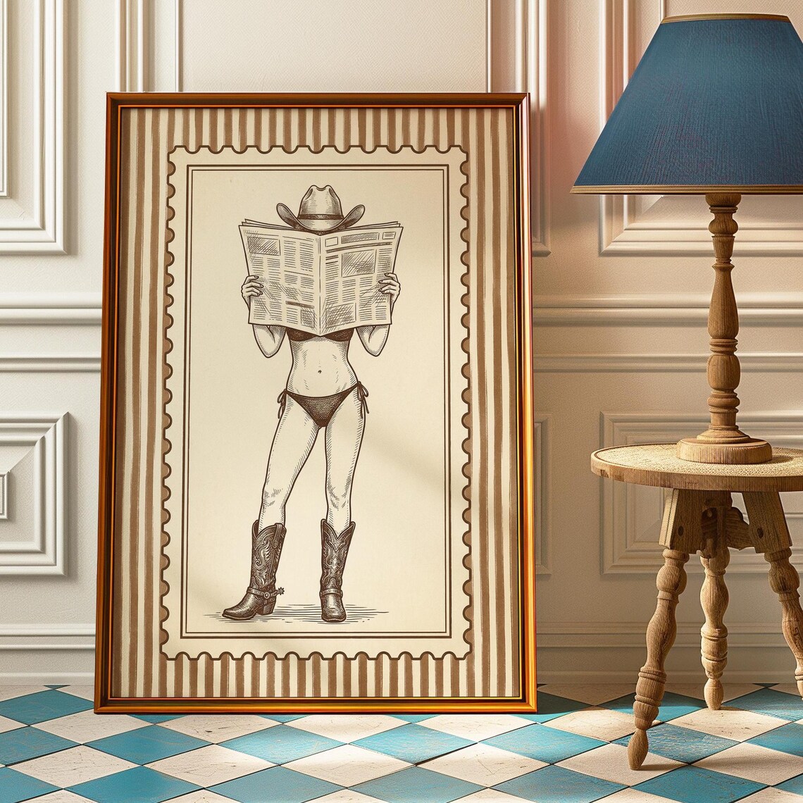Cowgirl Reading Newspaper Vintage Pin Up Stamp Style Wall Art