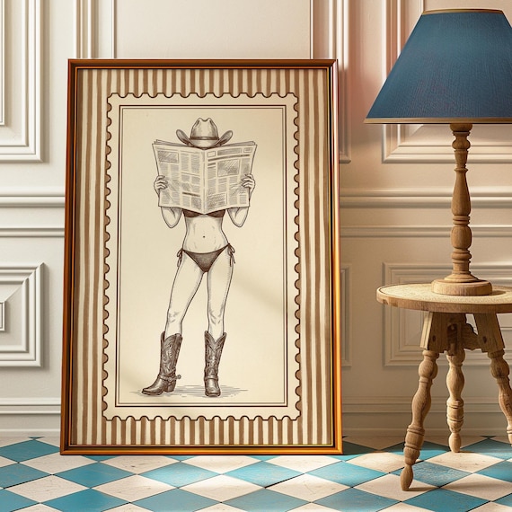 Cowgirl Reading Newspaper Vintage Pin Up Stamp Style Wall Art