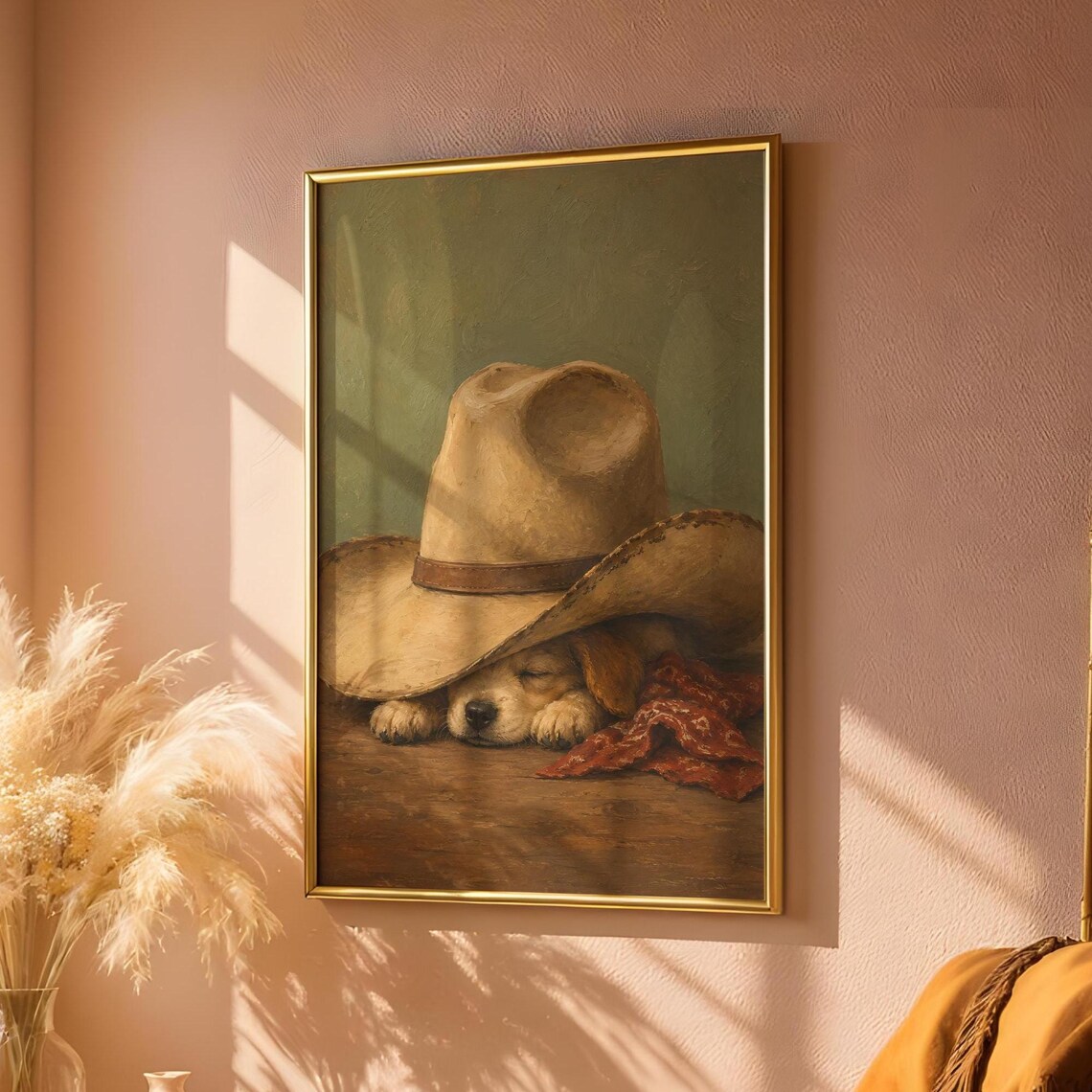Sleeping Puppy Under Cowboy Hat Vintage Western Dog Painting Poster