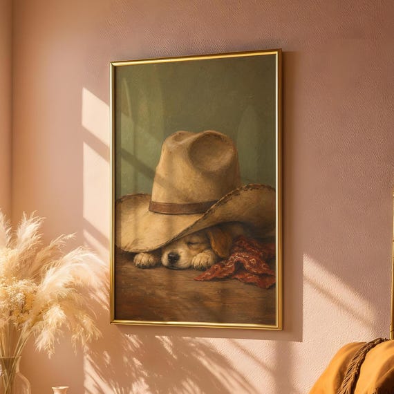 Sleeping Cowboy Puppy Wall Art Vintage Golden Retriever Poster Whimsical Western Dog Nursery Decor Country Gift