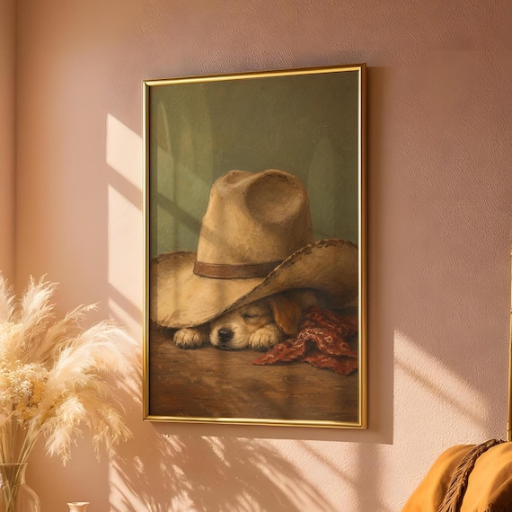 Sleeping Puppy Under Cowboy Hat Vintage Western Dog Painting Poster