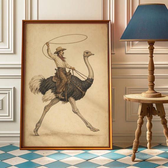 Cowboy Riding Ostrich Poster Lasso Print Vintage Western Art Quirky Bird Nursery Wall Ranch Room Decor
