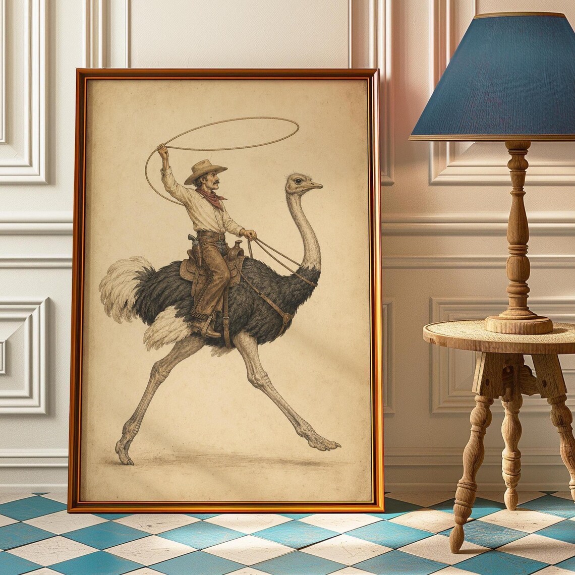 Cowboy Riding Ostrich Lasso Twirling Sepia Vintage Western Art Poster