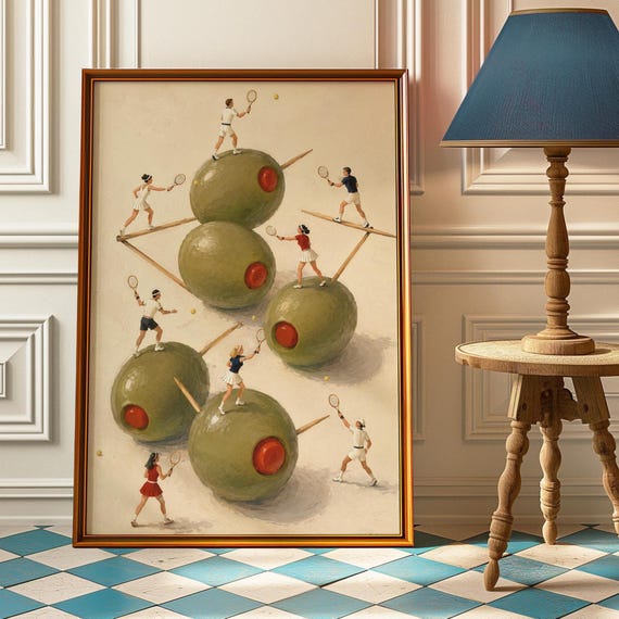 Olive Tennis Poster Martini Wall Art Vintage Sports Print Country Club Bar Cart Decor