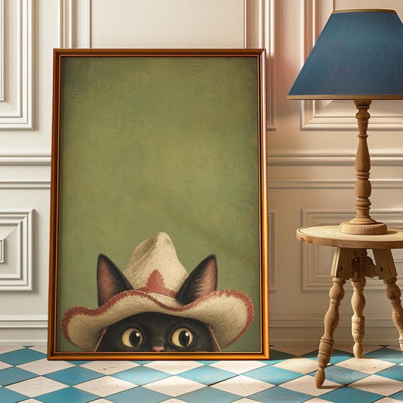 Cowboy Cat Poster Funny Black Wall Art Peeking Kitten Print Western Painting Lover Decor Country Mom Gift