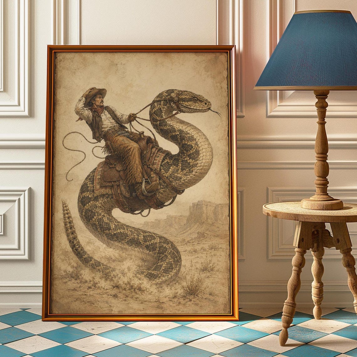 Cowgirl Riding Snake Poster Funny Framed Wall Art Vintage Western Print