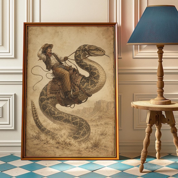 Cowgirl Riding Snake Poster Funny Framed Wall Art Vintage Western Print