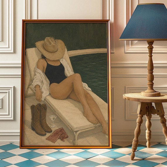 Western Cowgirl Pool Lounging Poster Vintage Ranch Swim Art Decor