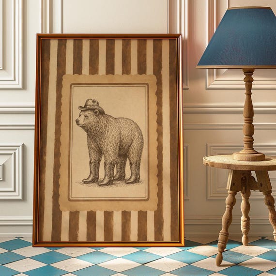 Cowboy Bear Wall Art Print Funny Western Dancing Poster Silly Nursery Decor Rustic Vintage Artwork