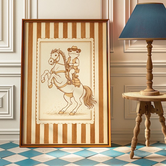 Vintage Western Cowboy Frog Poster Rustic Rodeo Wall Art With Stripes Funny Animal Print For Home Decor Preppy Posters