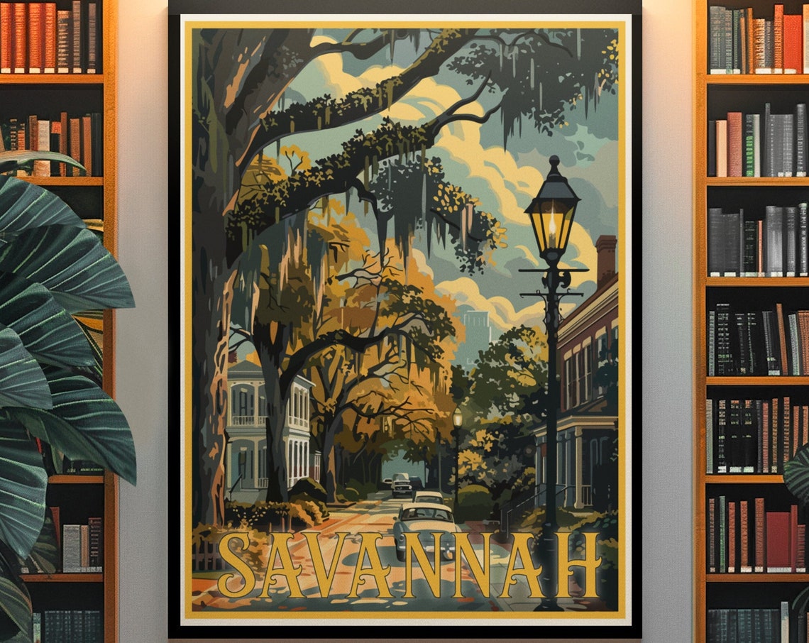 Savannah Oak Lined Street with Spanish Moss Vintage Travel Poster