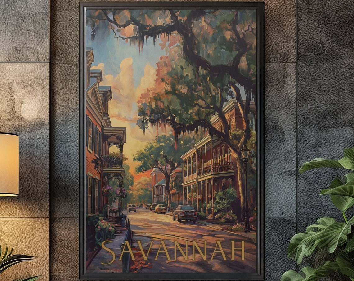 Savannah Historic Street with Moss Draped Oaks Travel Poster