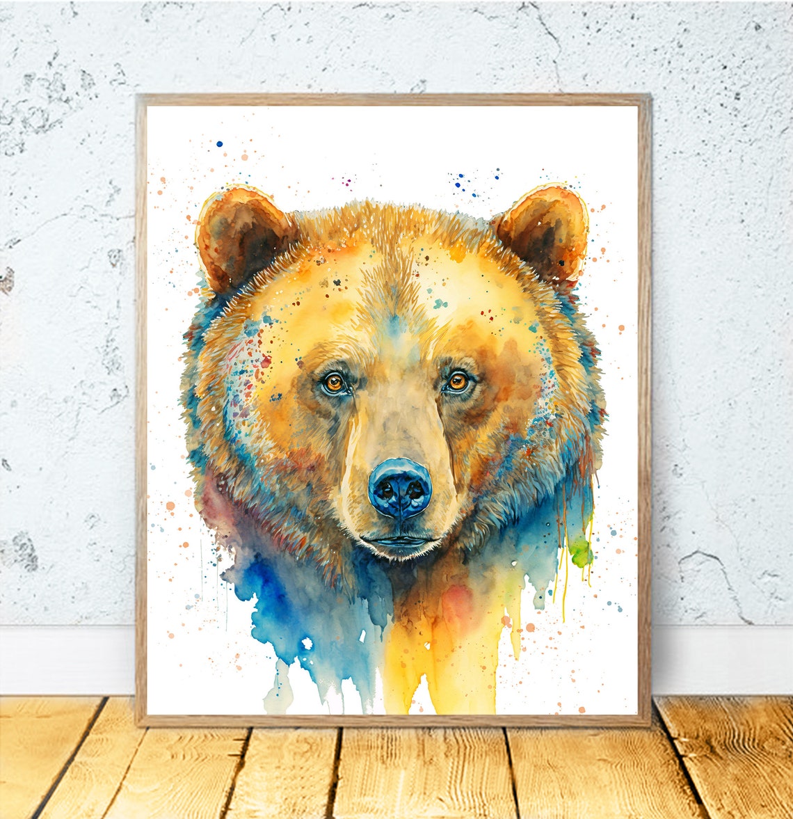 Brown Bear Face In Watercolor With Blue And Gold Drips Art Poster