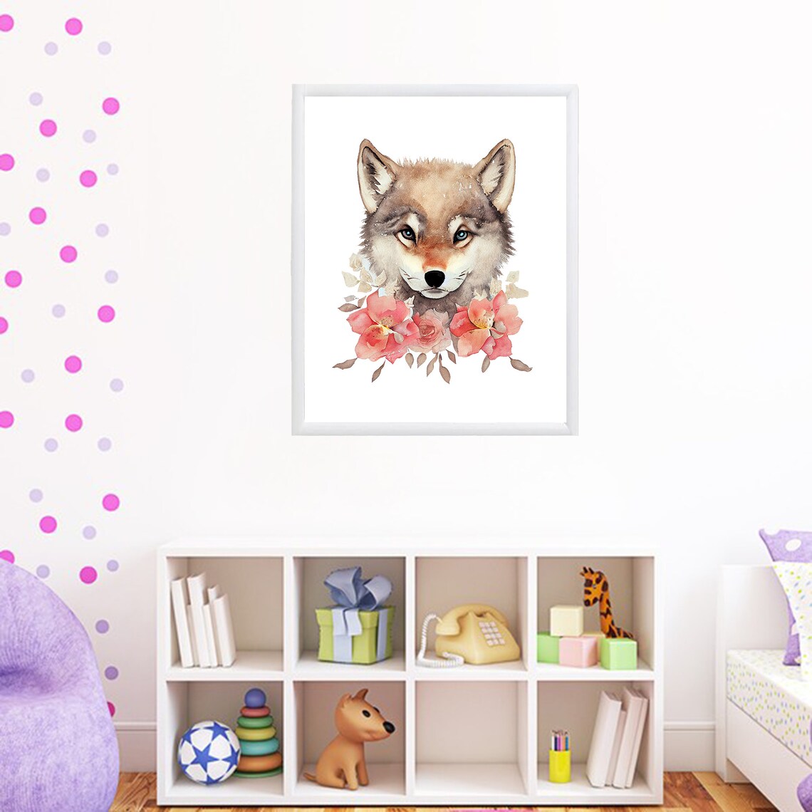 Baby Wolf Pup With Pink Flowers Watercolor Nursery Animal Poster - Image 2