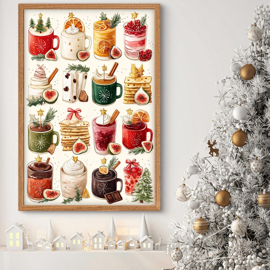 Christmas Hot Cocoa Mugs Festive Fruit Watercolor Holiday Poster