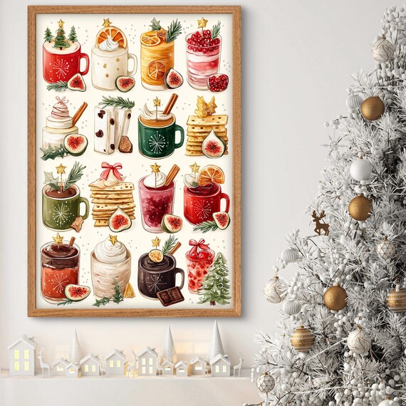 Christmas Hot Cocoa Mugs Festive Fruit Watercolor Holiday Poster
