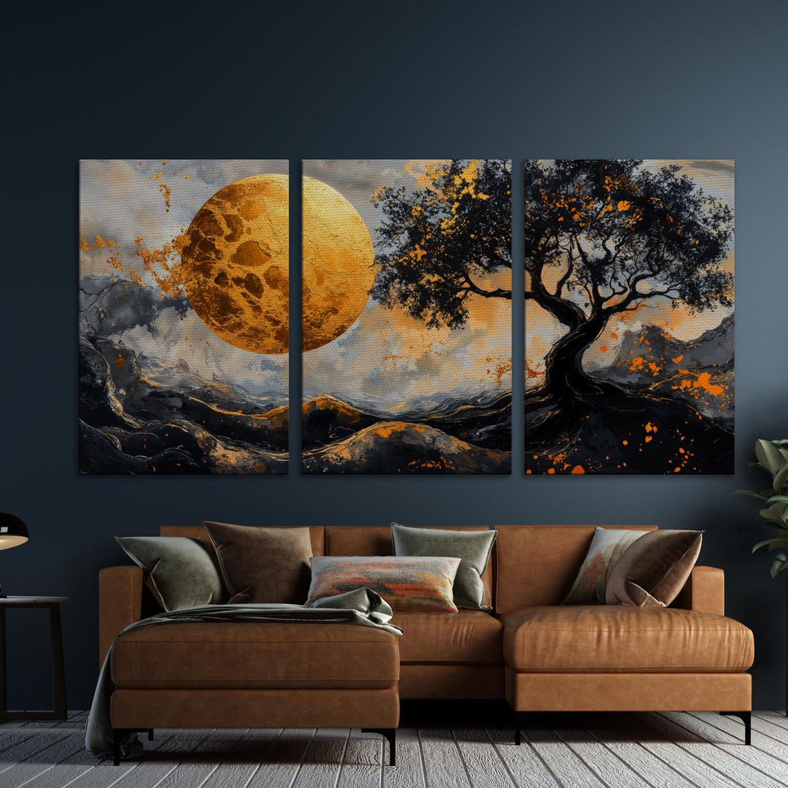 Abstract Golden Moon And Tree Wall Art Surreal Landscape Painting Print Modern Wall Decor Large Nature Art Poster Ready To Hang Gift - Image 5