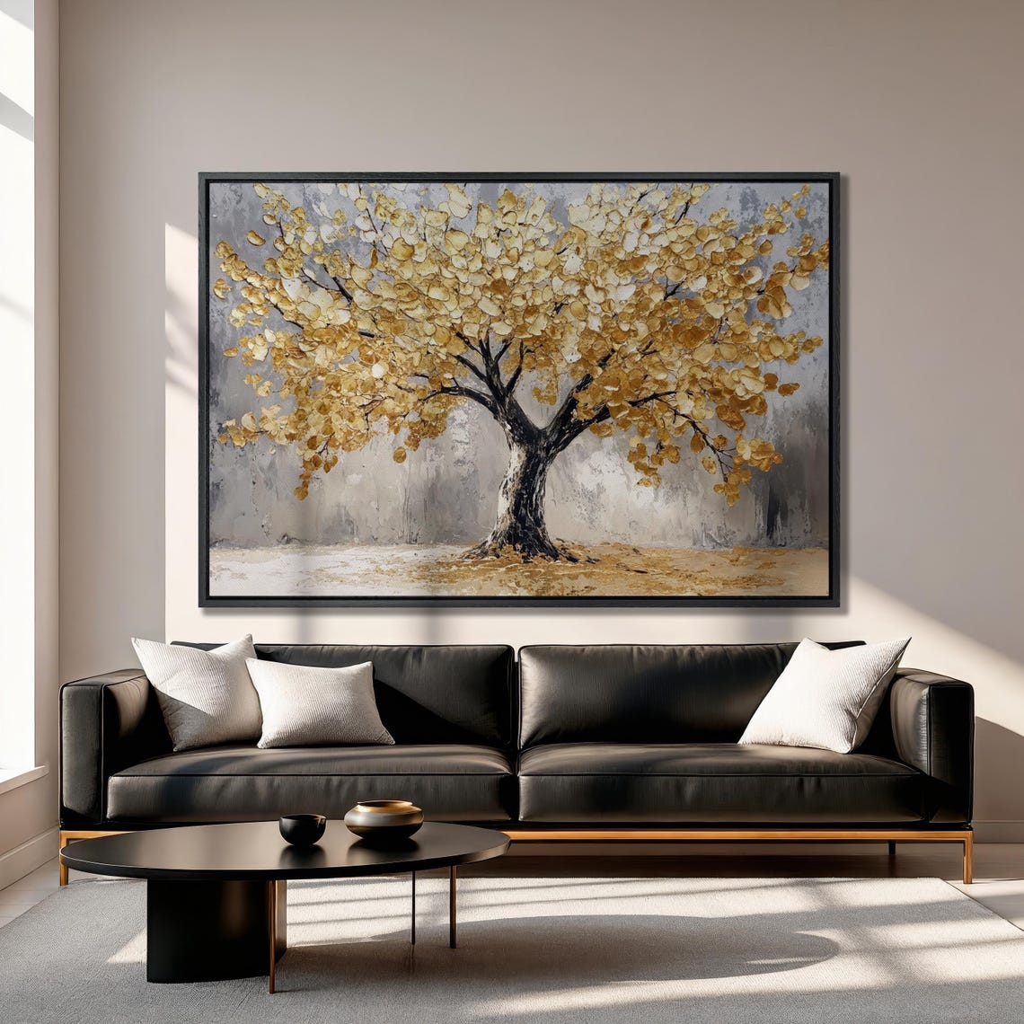Golden Leaf Tree Textured Impasto Painting On Gray Background Poster - Image 4