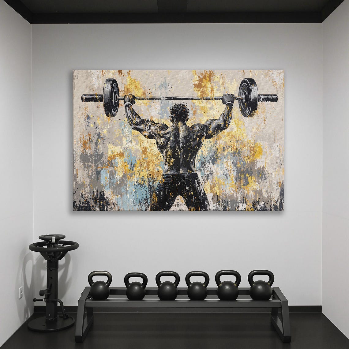 Strongman Lifting Barbell Overhead Back View Gold And Black Poster - Image 2