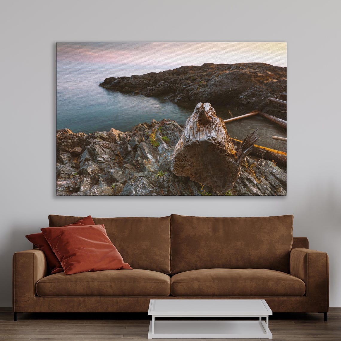 Rocky Coastline At Dusk With Weathered Driftwood Canadian Shore Poster - Image 2