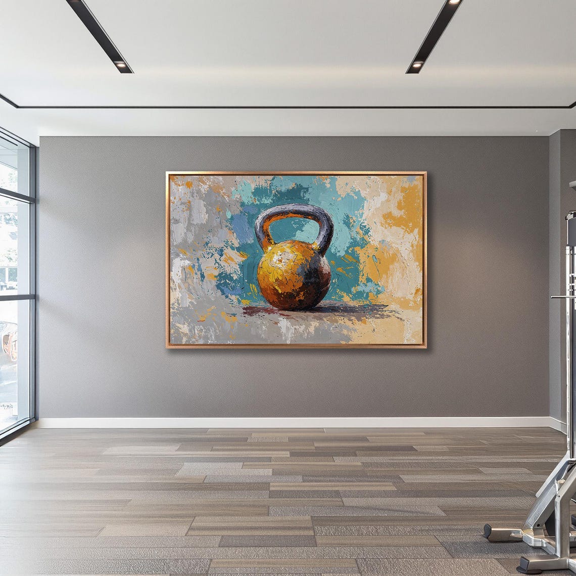 Rust Gold Kettlebell Still Life on Teal Textured Paint Poster - Image 3