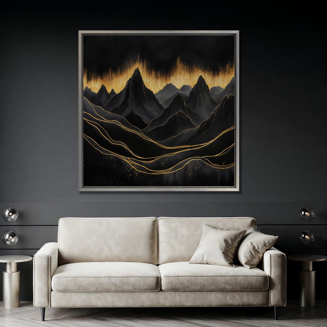 Black And Gold Mountain Peaks With Golden Lines Abstract Poster - Image 3