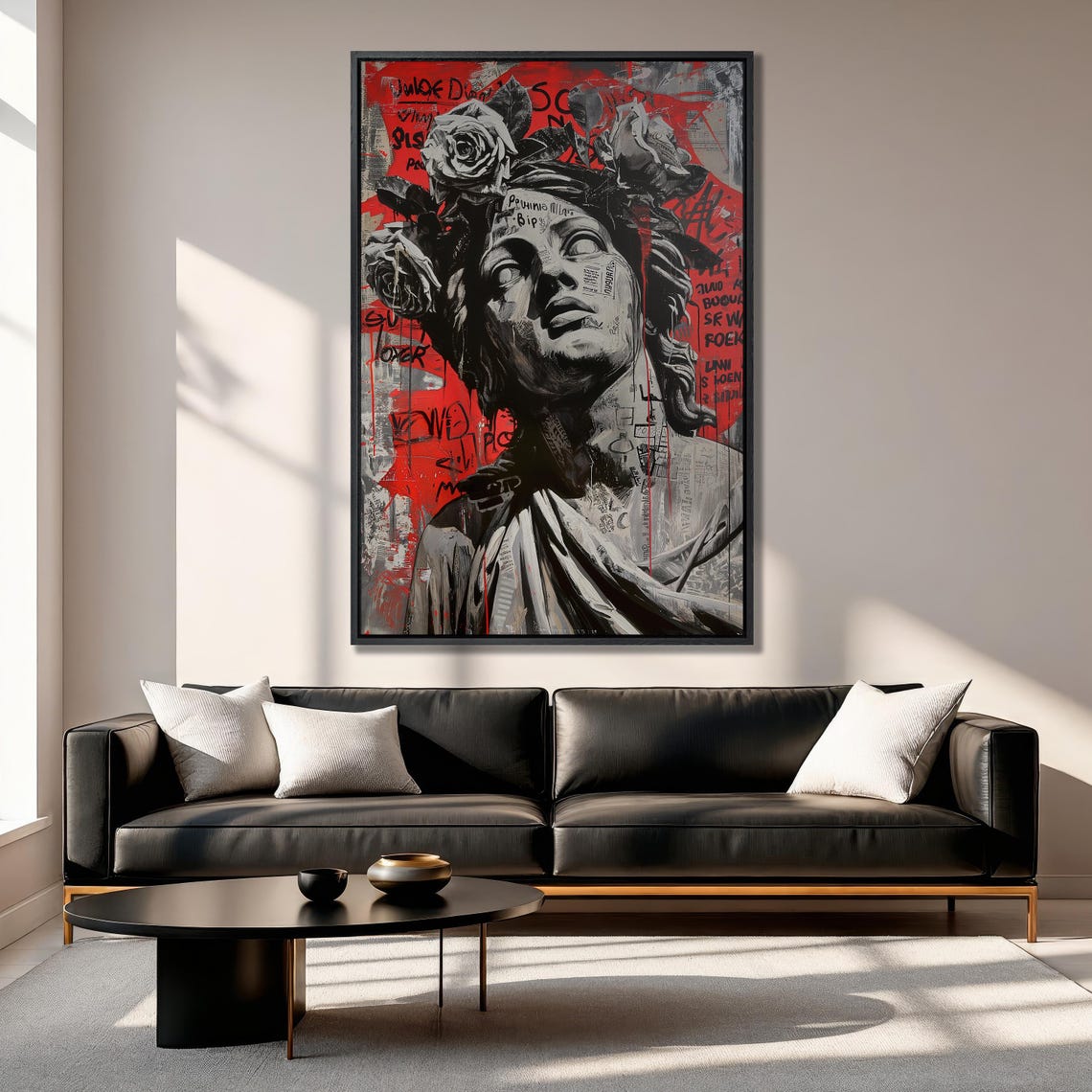 Classical Statue Bust With Roses on a Red Graffiti Art Poster - Image 5