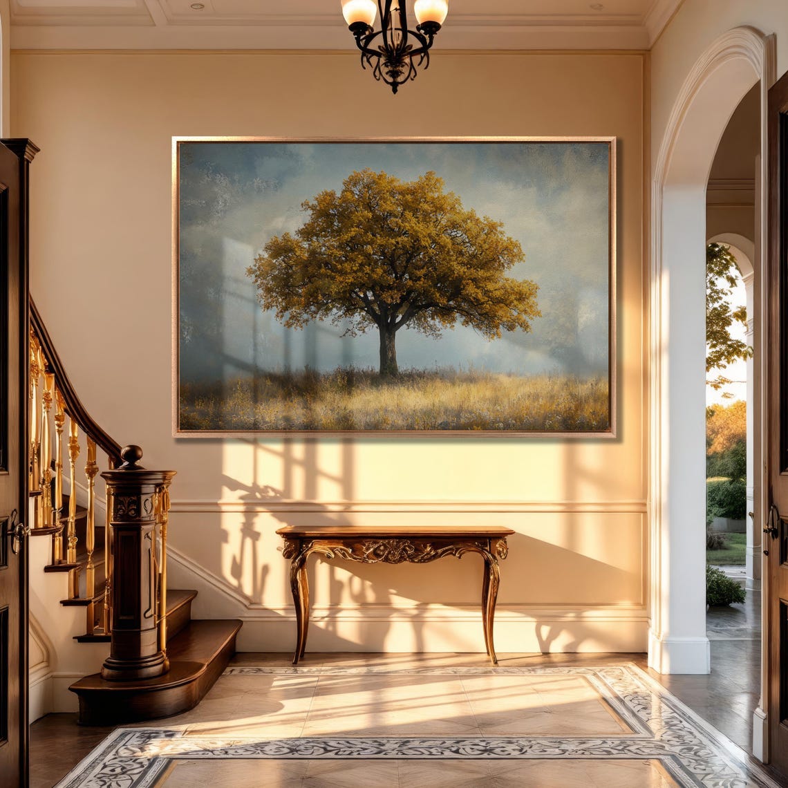 Lone Autumn Tree With Golden Leaves In A Misty Field Scene Poster - Image 2