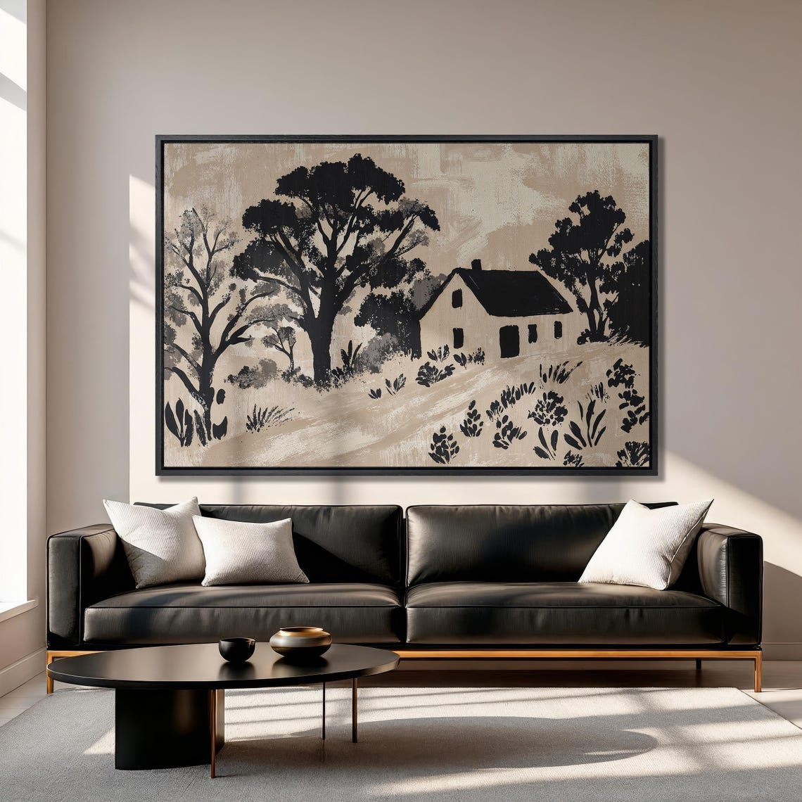 Cozy Cottage Black And Beige Art Framed Print Abstract Rural Landscape Painting Trees Wall Art Farmhouse Decor Ready To Hang - Image 3