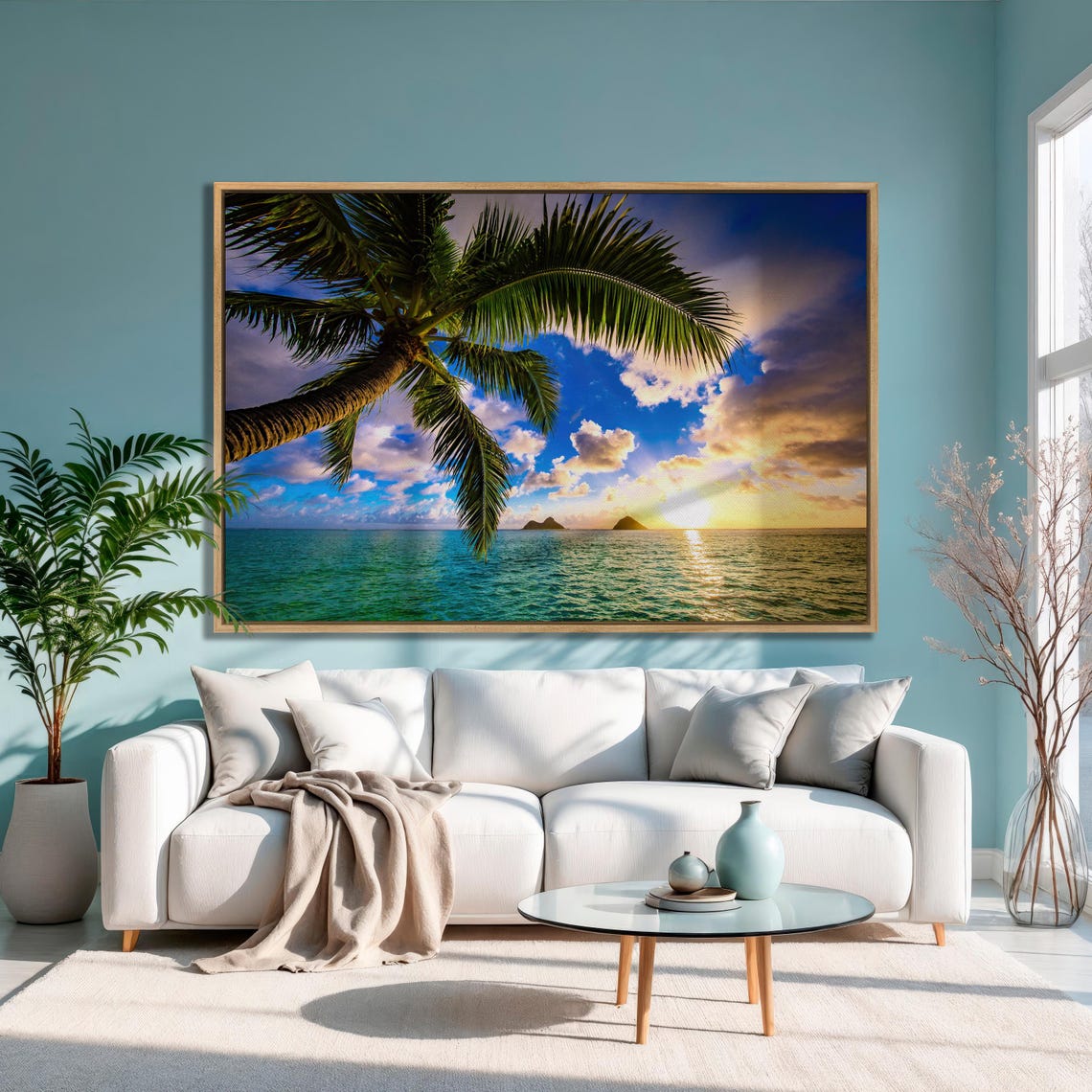 Palm Tree Over Turquoise Ocean At Sunrise Tropical Island Art Poster - Image 4