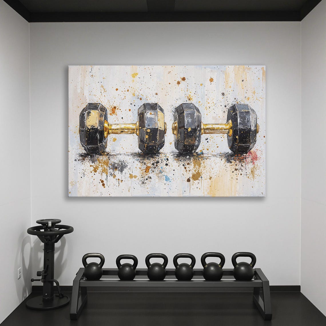 Pair of Black and Gold Dumbbells Splash Paint Still Life Poster - Image 2