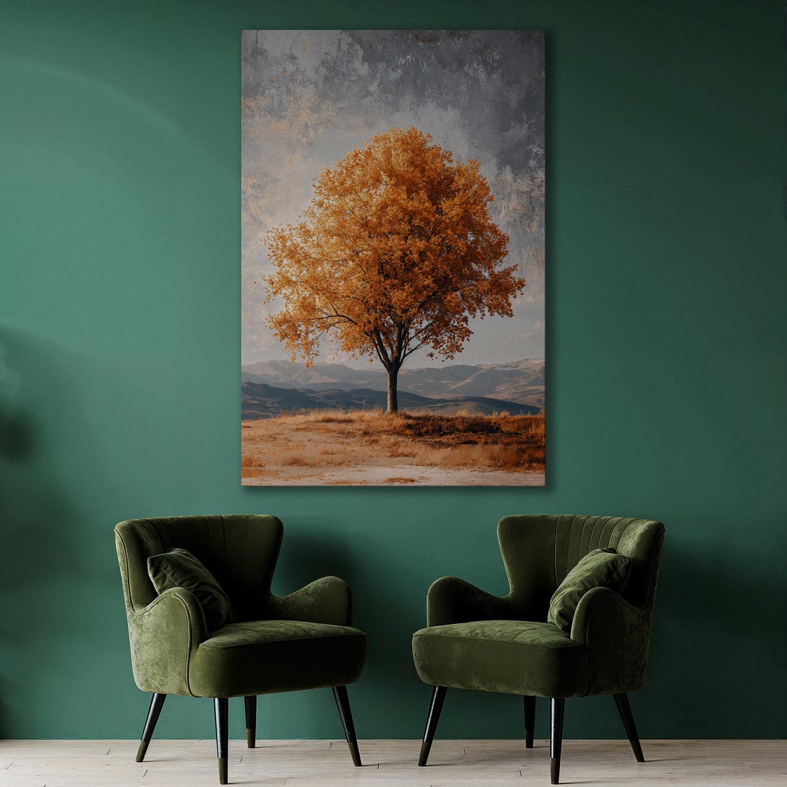 Lone Autumn Tree With Orange Foliage Under Cloudy Sky Landscape Poster - Image 2