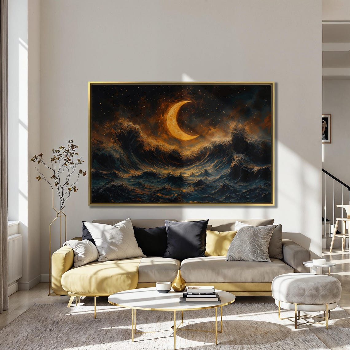 Golden Crescent Moon Over A Stormy Night Sea Abstract Poster - Image 4