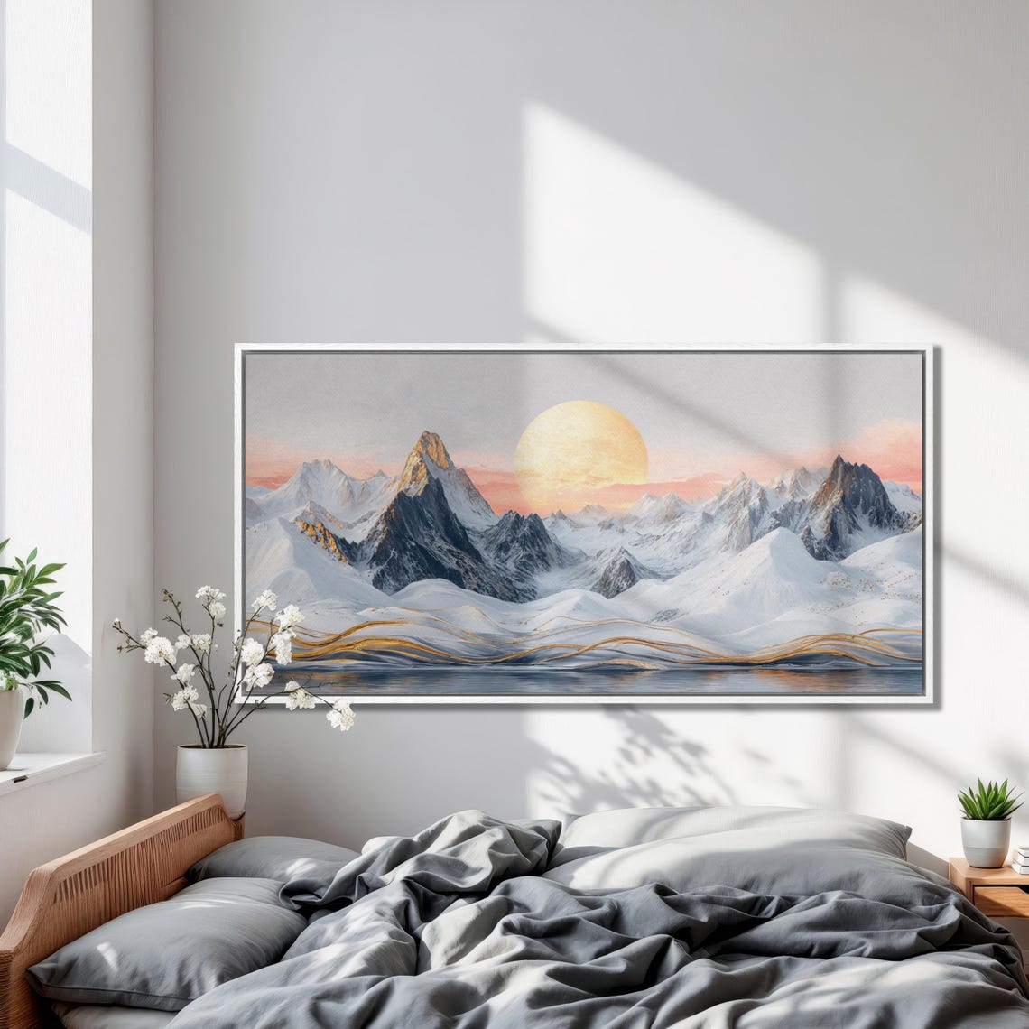 Glowing Golden Sun Above Snowy Mountain Peaks With Pink Sky Poster - Image 4