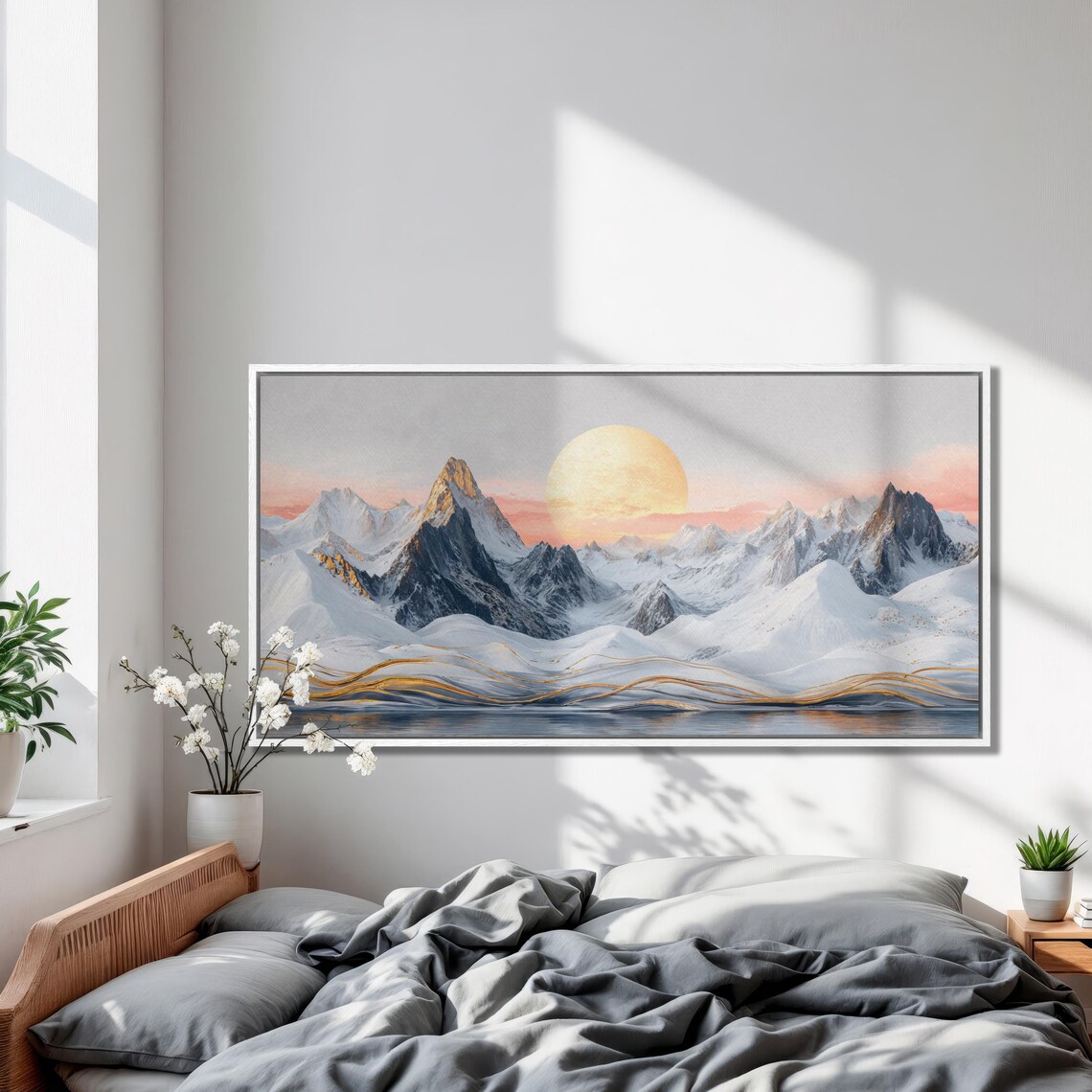 Serene Snowy Mountain Landscape Wall Art Golden Sun Painting Print Luxury Home Decor Abstract Nature Scenery Poster Ready To Hang - Image 4