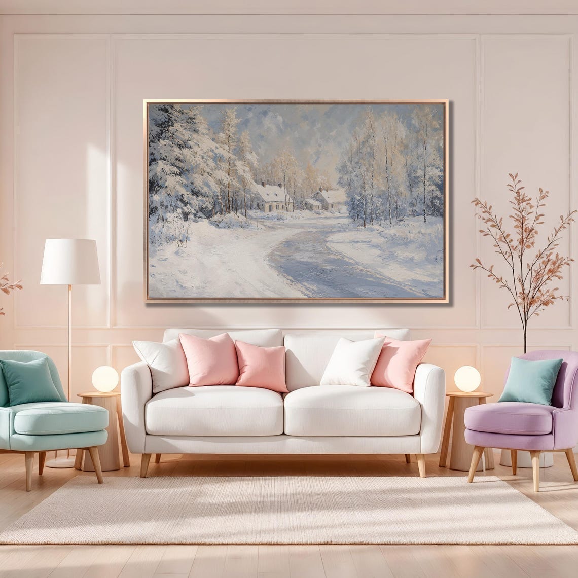 Snowy Trees And Village By Road Framed Print Cozy Cabins In Forest Painting Winter Home Decor Nature Lover Gift Ready To Hang - Image 4