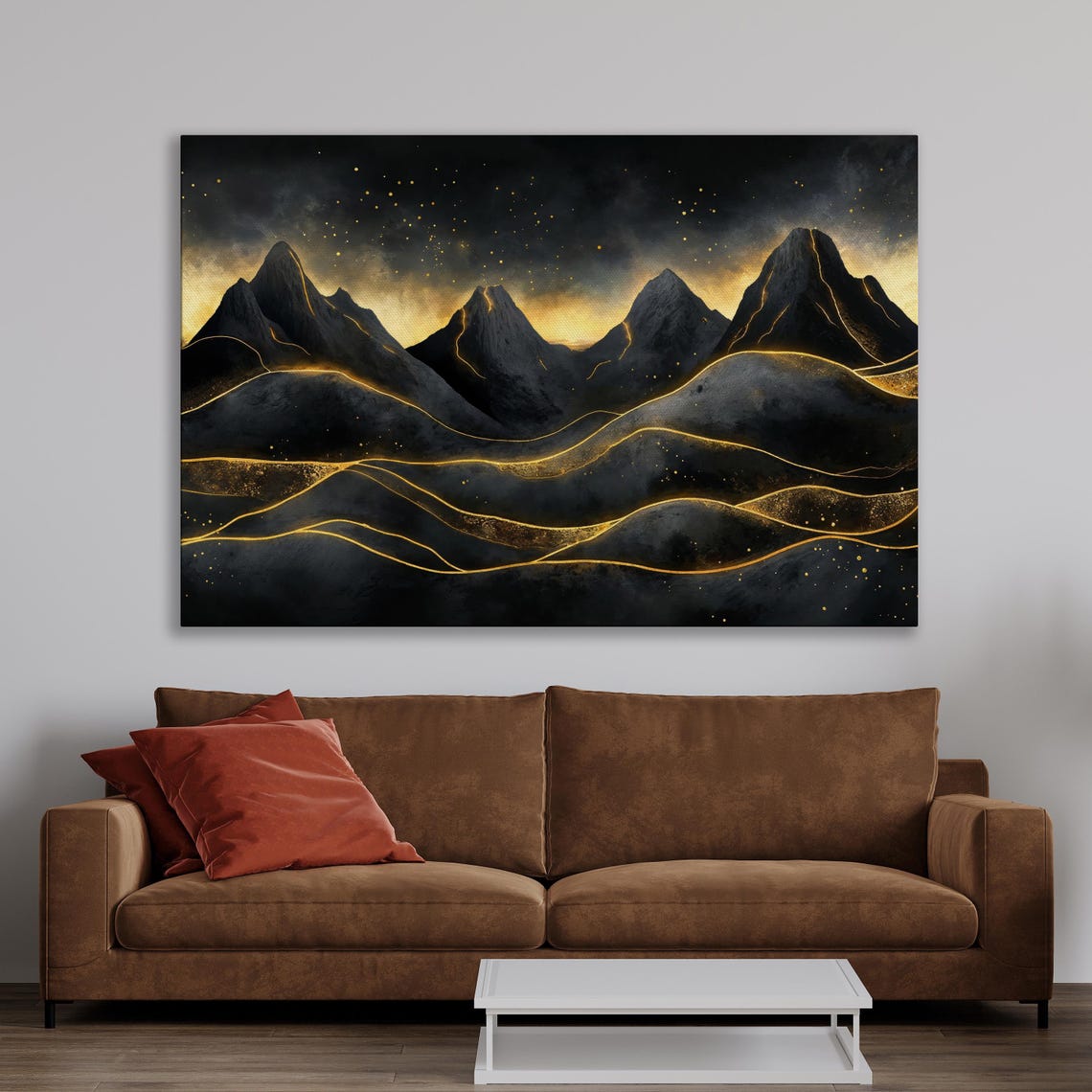 Dramatic Black Mountains With Golden Lines Under Night Sky Poster - Image 3