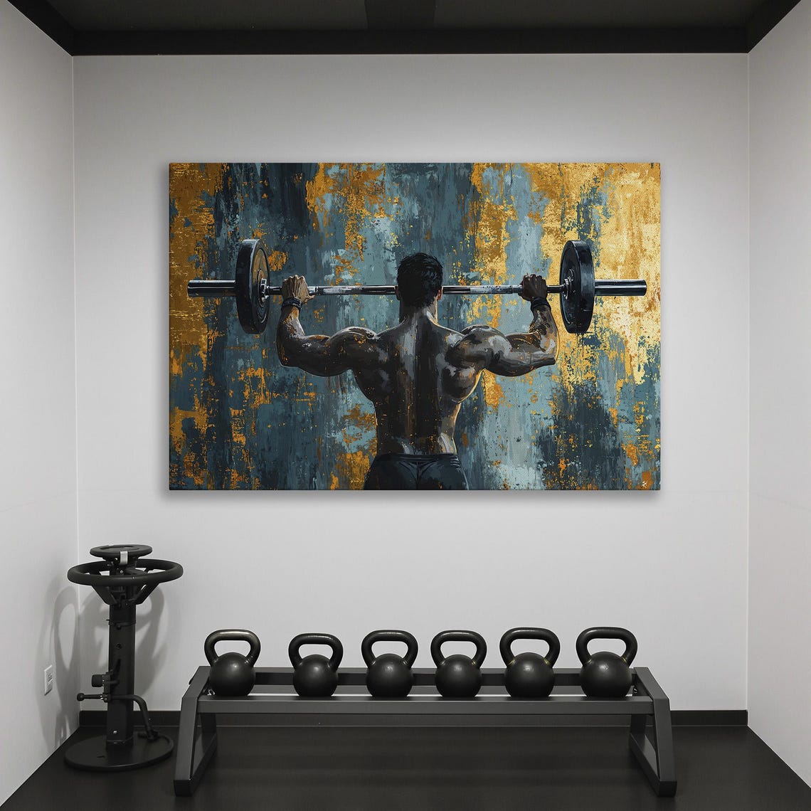Bodybuilder Back View Lifting Barbell Dark And Gold Texture Poster - Image 2