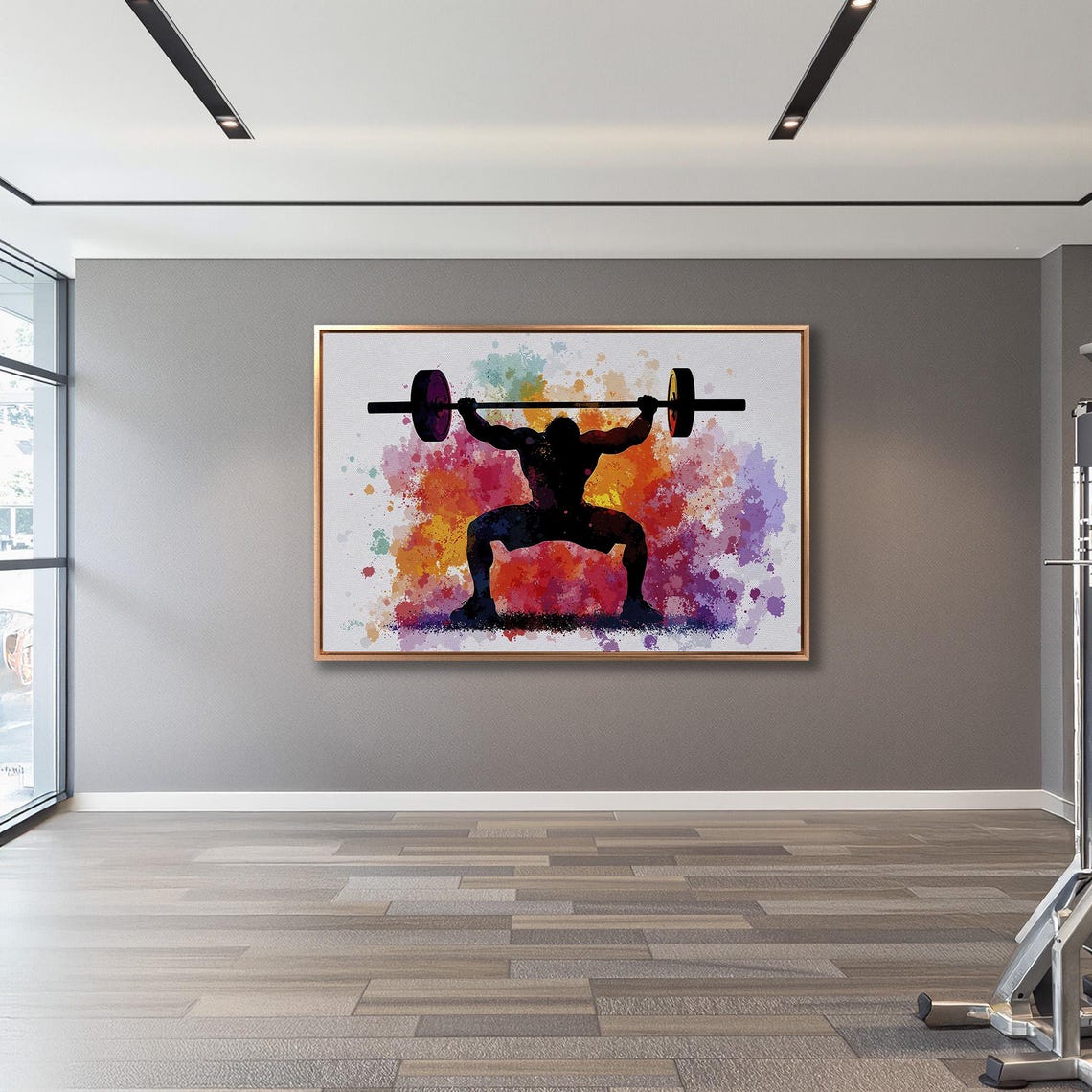 Weightlifter Silhouette Holding Barbell Overhead Splash Art Poster - Image 3