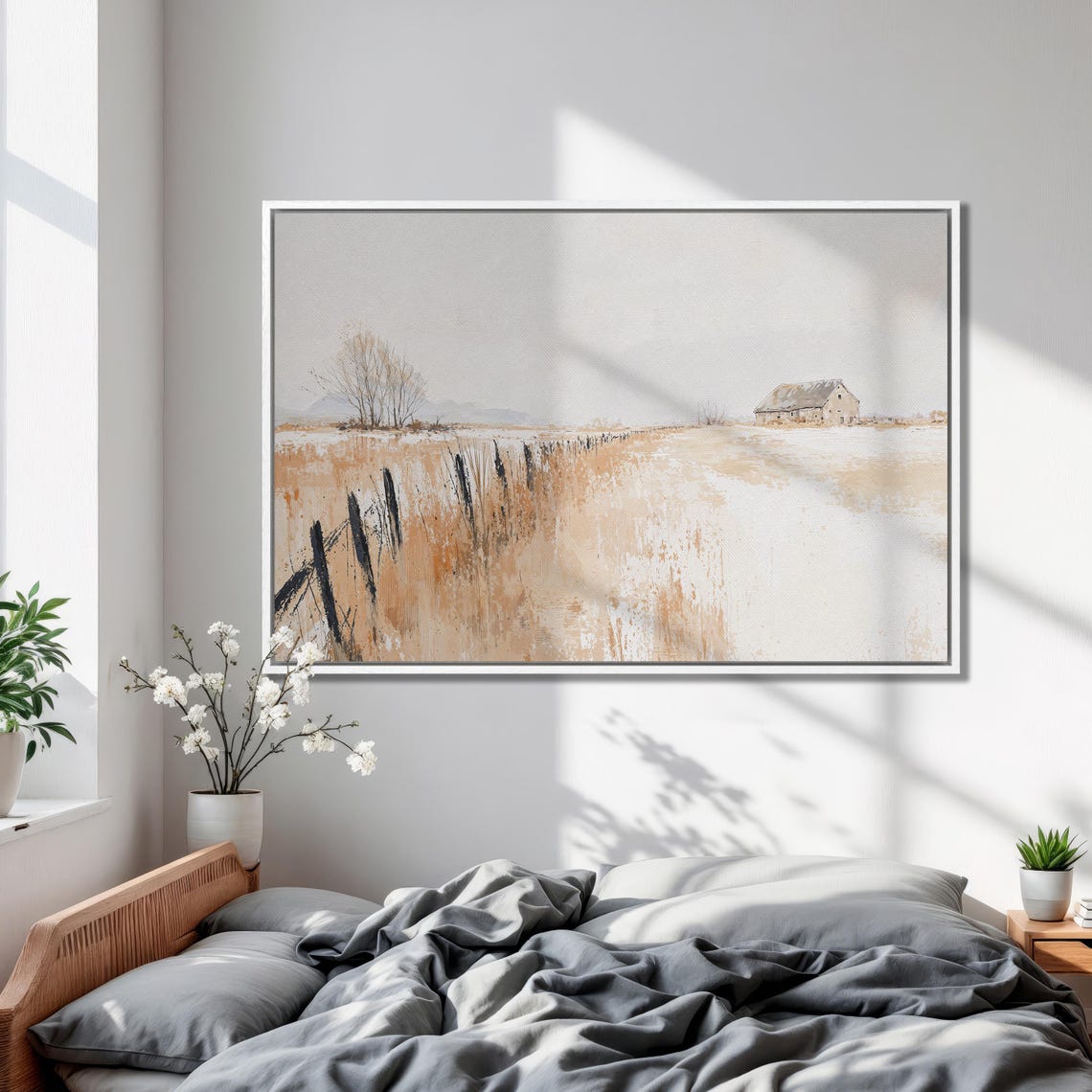 Lone Barn in Abstract Beige Wheat Field Minimalist Art Poster - Image 2
