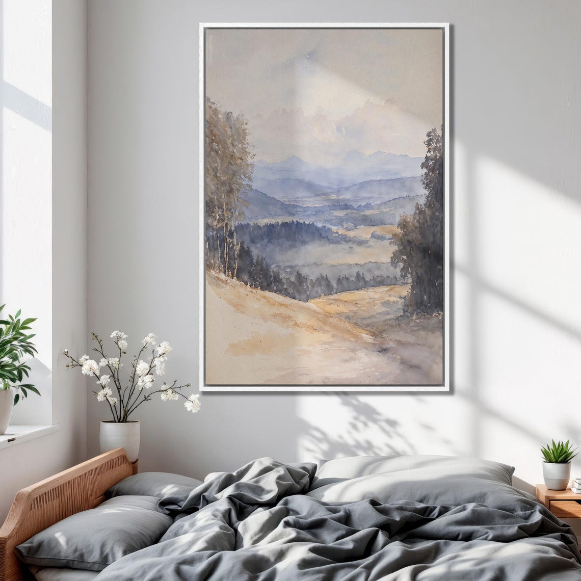 Golden Sunlit Hillside View Over Misty Blue Mountain Ranges Poster - Image 2