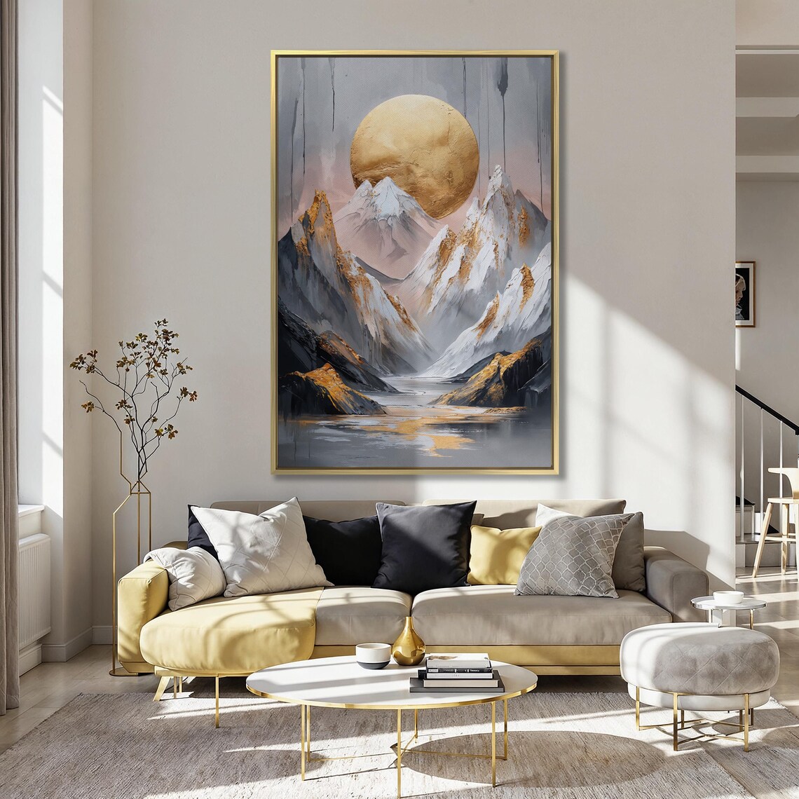 Golden Moon Over a Snowy Valley River and Mountain Peaks Poster - Image 5