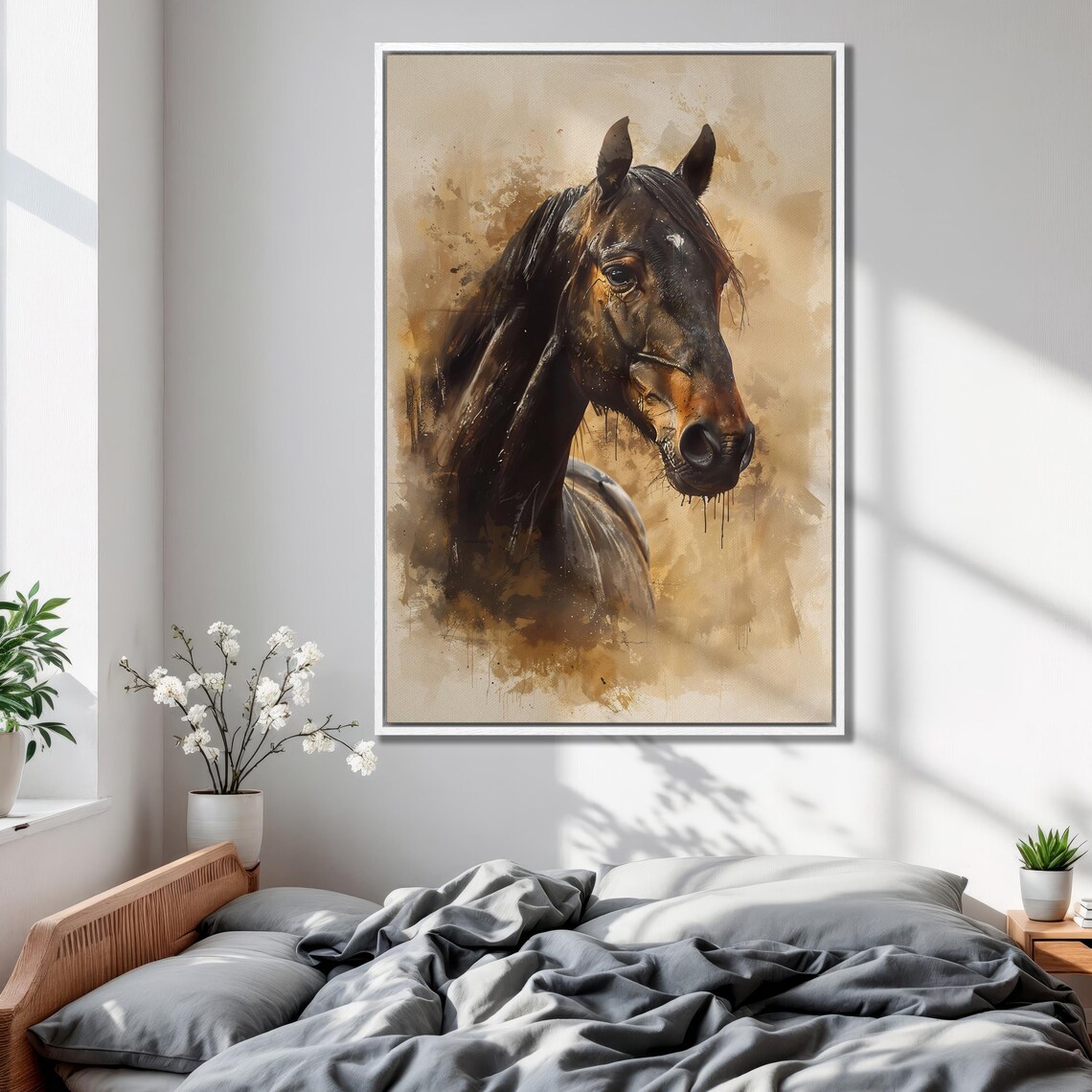 Dark Horse Watercolor Portrait Warm Tones Equestrian Art Poster
