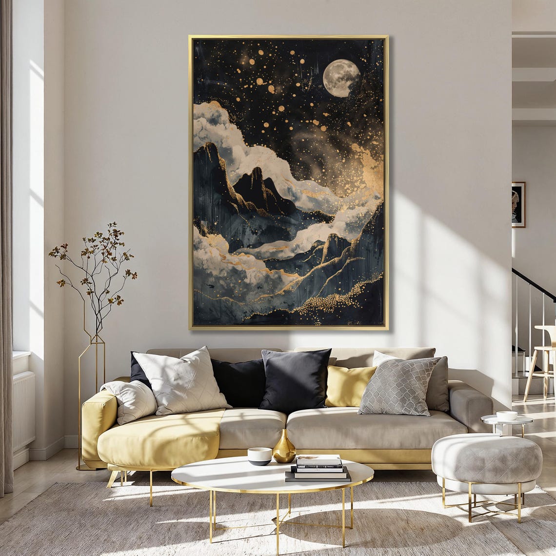 Golden Moon Over Mountains Wall Art Abstract Celestial Painting Print Lunar Night Sky Wall Decor Modern Artwork Poster Ready To Hang - Image 5