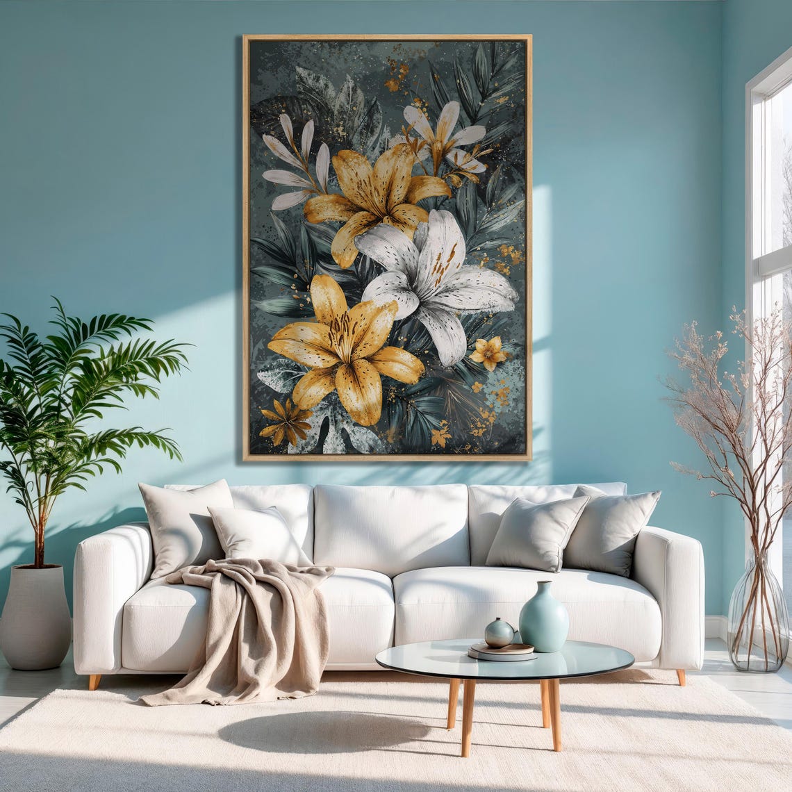 Golden and White Lily Bouquet on Dark Teal Botanical Art Print - Image 3