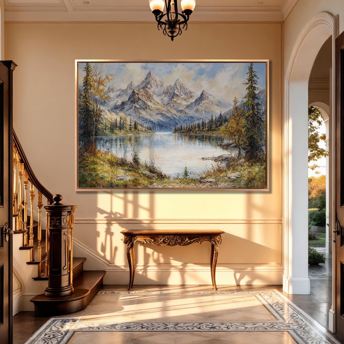 Alpine Lake with Jagged Snow Capped Peaks Fine Painting Poster - Image 5