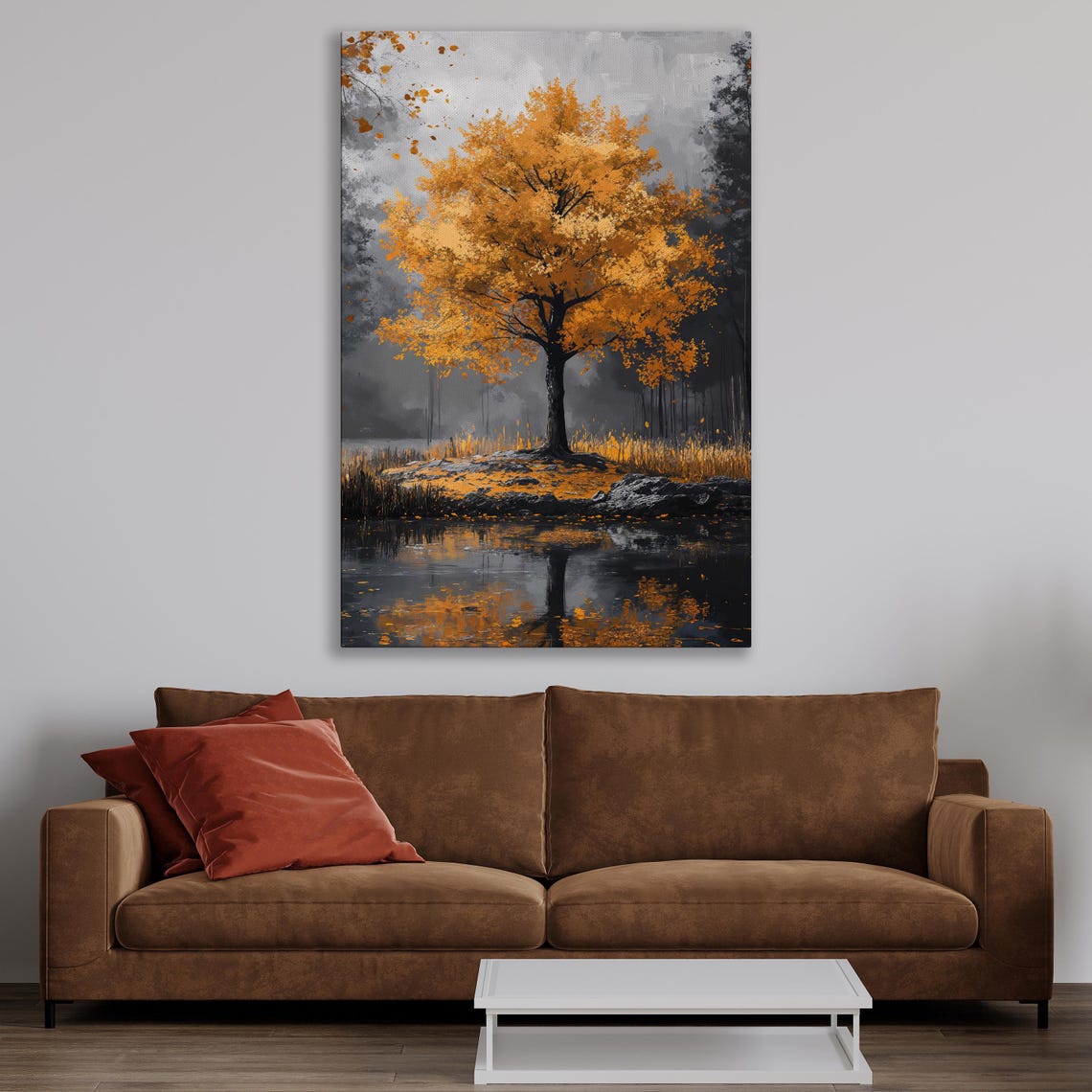 Vibrant Autumn Tree by a Lake on a Rocky Shore Landscape Poster - Image 3